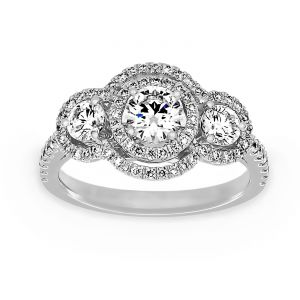 TWO by London Three Stone Round Diamond Double Diamond Halo Engagement Ring
