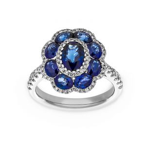 TWO by London Blue Sapphire Diamond Flower Halo Engagement Ring