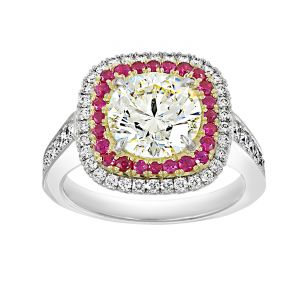TWO by London Round Diamond Cushion Pave Ruby And Diamond Halo Engagement Ring