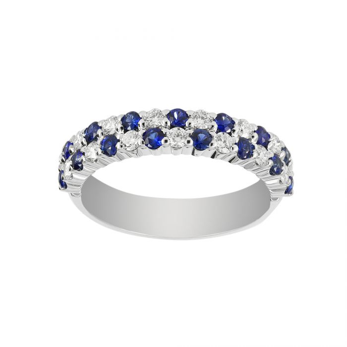 Alternating Double-Row Blue Sapphire Diamond Anniversary Ring Band